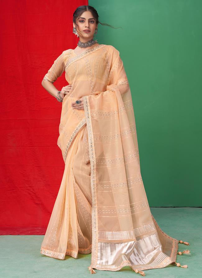 Organza Orange Party Wear Sequins Work Saree